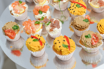 Cake snack with different flavors and sea fish