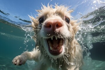  a close up of a dog in the water with it's mouth open and it's mouth wide open and it's mouth is full of water.