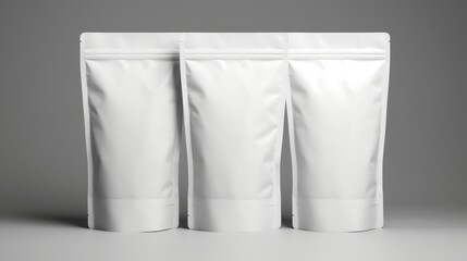 Three white paper biodegradable bags with zip lock. Packaging of tea, coffee and various food. Grey background. Copy space mockup for logo design or text. Generative AI.