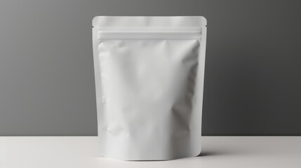 White paper biodegradable bag with zip lock. Packaging of tea, coffee and various food. Grey background. Copy space mockup for logo design or text. Generative AI.