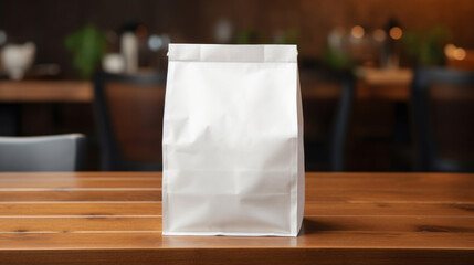 Food delivery. White paper biodegradable bag on a wooden table in a cozy coffee shop, cafe or restaurant. Copy space mockup for logo design or text. Generative AI.