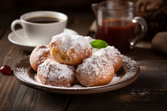 Freshly baked Zeppole dusted with powdered sugar, served on a rustic wooden table with a cup of espresso, reflecting the traditional Italian culinary experience