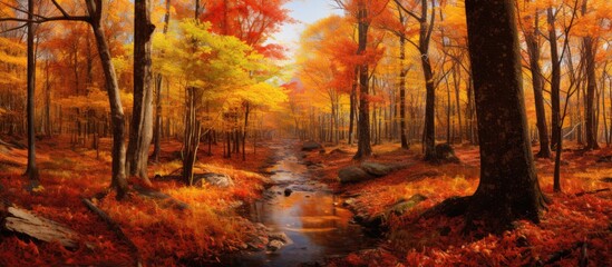 As the golden hues of autumn painted the landscape, the majestic forest stood tall, displaying its colorful array of leaves like a vibrant ornament on Earth's canvas, a natural masterpiece crafted by