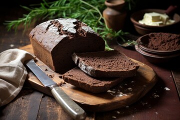 A loaf of freshly baked, dark brown Pumpernickel bread with a thick crust on a rustic wooden table, accompanied by a bowl of creamy butter and a vintage bread knife
