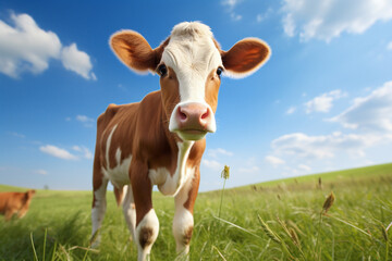The photo shoot of a young black and white, brown and white calf cow is standing in a meadow grass field with bright sky on a sunny day. Generative AI. - Powered by Adobe