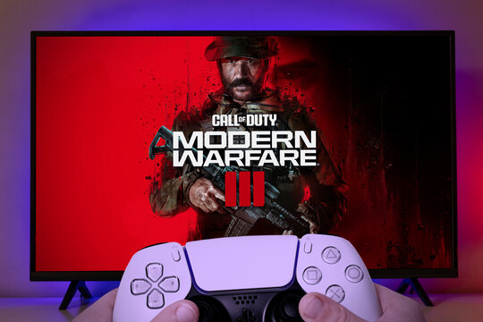 Playing Call of Duty Modern Warfare 3 with Playstation controller, 22 Nov, 2023, Sao Paulo, Brazil.