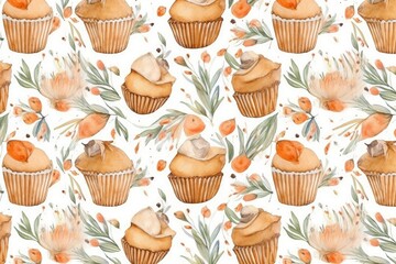 muffins carrot pattern seamless watercolor Vintage - obrazy, fototapety, plakaty