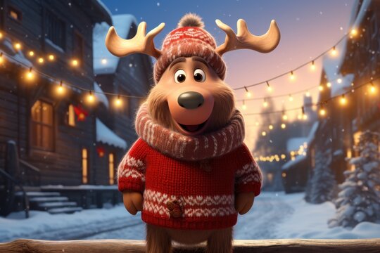 a reindeer wearing a red sweater and a red and white knitted hat is standing in front of a snowy street with christmas lights and a string of garlands.