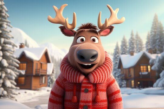  a reindeer is wearing a red sweater and standing in front of a snowy landscape with a cabin on the other side of the picture and a house in the background.