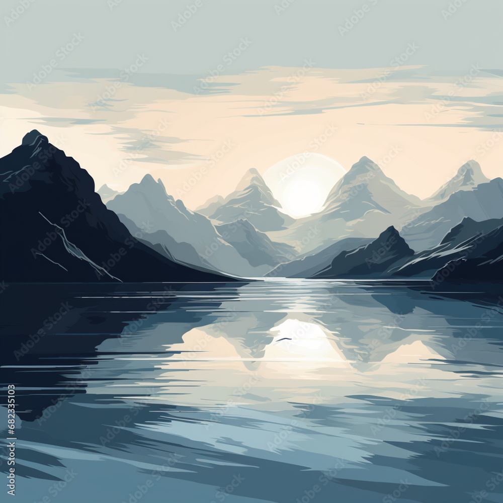 Leinwandbilder an abstract silhouette of a mountain range reflecting on calm waters, creating a serene and introspe
