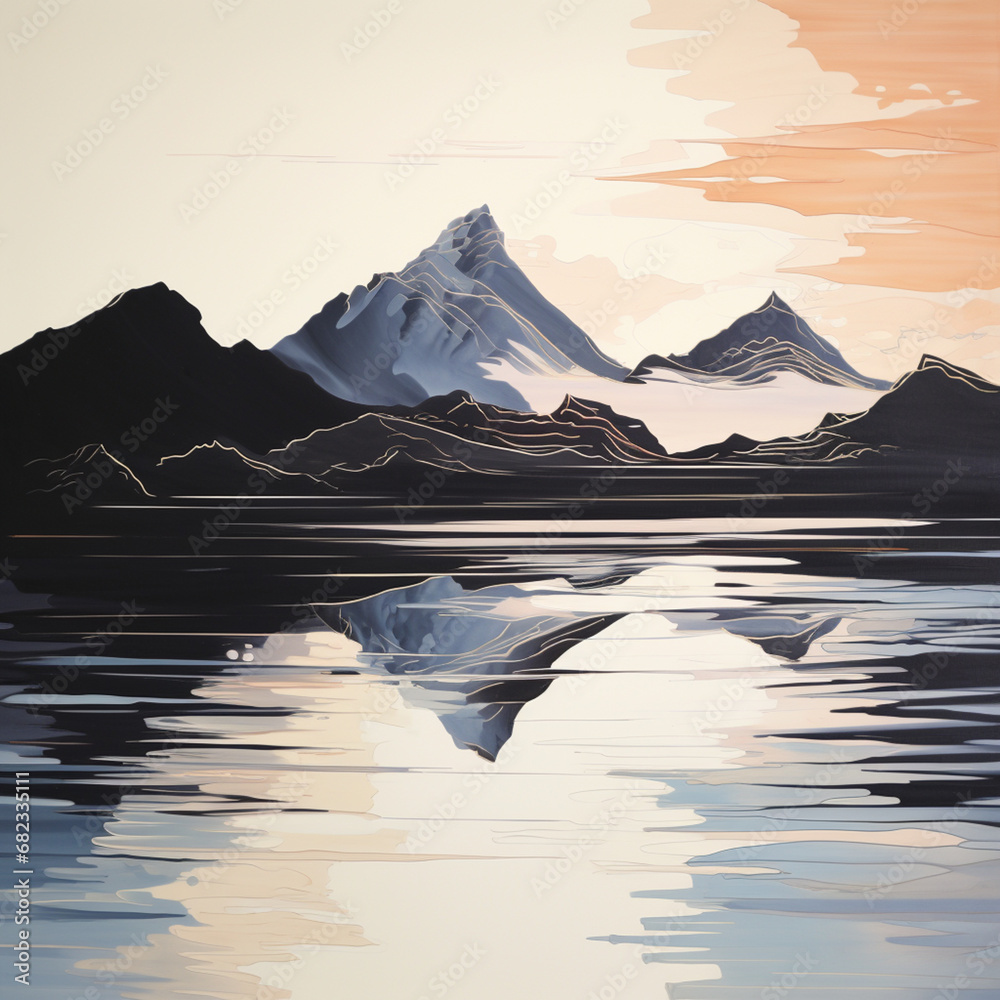 Leinwandbilder An abstract silhouette of a mountain range reflecting on calm waters, creating a serene and introspective atmosphere.