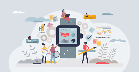 Evolving product positioning with user market feedback tiny person concept. Evaluation for best improvement and development vector illustration. Market adaptation for successful technology evolution.