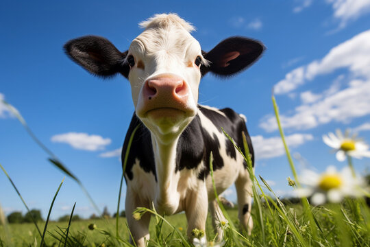 The photo shoot of a young black and white, brown and white calf cow is standing in a meadow grass field with bright sky on a sunny day. Generative AI.