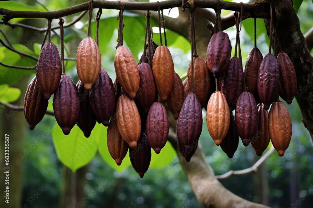 Leinwandbilder a display of cacao pods hanging from the trunk of a cacao tree, the source of the prized ingredient 