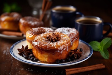A traditional Portuguese delicacy, Pastel de Nata, beautifully arranged on a rustic wooden table, dusted with cinnamon and powdered sugar, ready to be savored with a cup of coffee