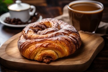 Fototapeta premium A scrumptious Danish Wienerbrod, freshly baked with a golden crust and a rich, sweet filling, served on a rustic wooden table with a cup of coffee