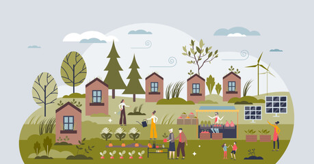 Self sufficient community with green lifestyle practices tiny person concept. Ecological local food growing and alternative energy consumption vector illustration. Eco home district with organic farm