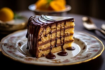A decadent slice of Doberge cake, layered with rich chocolate and lemon custard, topped with a...