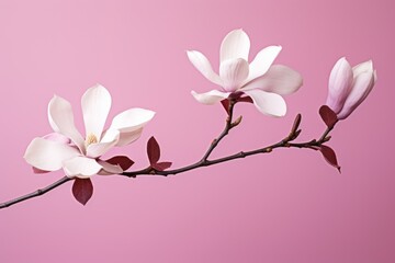  a close up of a flower on a branch against a pink background with copy - space in the middle of the frame, with a single flower in the foreground of the foreground.