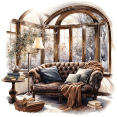 Winter cozy reading nook with a brown leather couch, vintage furnitures interior watercolor illustration isolated with a transparent background, light academia bookworm design