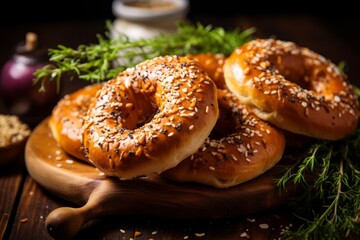 Obraz na płótnie Canvas A vibrant and detailed food photography showcasing a variety of freshly baked bagels, topped with cream cheese, sesame seeds, and a sprinkle of herbs, served on a rustic wooden table