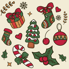 Set of abstract christmas new year winter icons xmas tree, gifts, balls, leaves, snowflake, red berries, christmas icons set, colorful christmas vector hand drawn