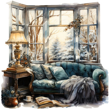 Winter cozy reading nook with a green sofa and lamp, vintage furnitures interior watercolor illustration isolated with a transparent background, light academia bookworm design