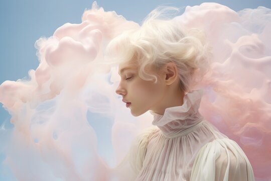  a woman with blonde hair standing in front of a cloud of pink and white smoke and a blue sky with clouds and a pink cloud behind her is a woman's head.
