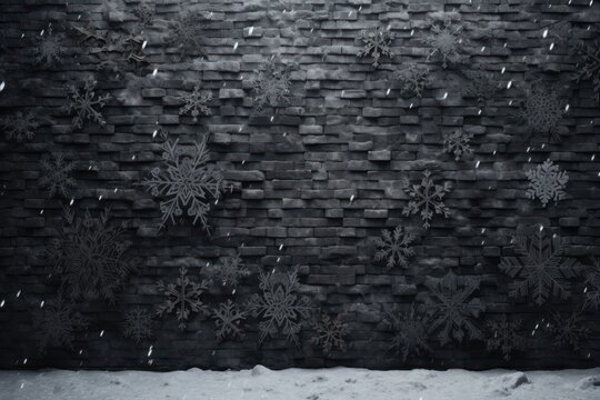  a black and white photo of snow flakes on a brick wall with snow falling from the top of the snowflakes on the bottom of the brick wall.
