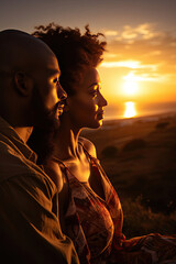 Intimate couple of African descent enjoying a peaceful sunset in nature showcasing love warmth and togetherness ideal for romance and relationship themes