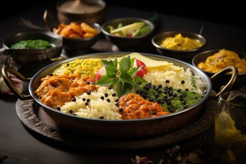 Traditional Indian thali dish with various curries and rice