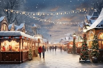 Christmas outdoor markets in streets of night city covered with snow. Generative Ai.