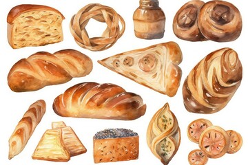 pastry bread types fferent set Watercolor