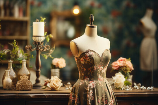 Dressmaker's dummy wearing a floral dress in a vintage style room