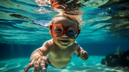 Fototapeta premium Underwater Young kid Fun in the Swimming Pool with Goggles. Summer Vacation Fun.