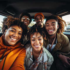 Group of happy young African American friends on a road trip inside a car embodying adventure and joyful companionship for a lifestyle ad