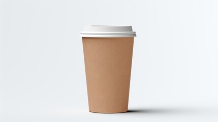 Craft paper biodegradable disposable cup with lid for hot drinks. Tea or coffee to take away. Copy space mockup for logo design or text. White background. Generative AI.