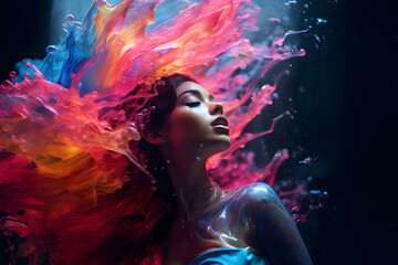 Ecstasy of color: a pretty female model of mixed ethnicity is hit by a purple & blue splash of paint. The lady's ecstatic expression suggests it may be a projection of her consciousness & creativity.