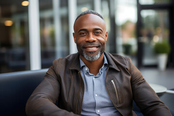 Smiling African American man in casual business attire enjoying city life portrait for lifestyle and corporate branding