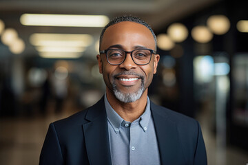 Portrait of a confident smiling African American businessman in a modern office setting depicting leadership and success suitable for corporate branding and advertising - obrazy, fototapety, plakaty
