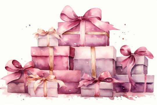  a watercolor painting of a pile of gift boxes with pink ribbons and bows on top of each of the boxes are wrapped in pink and white paper with gold ribbons.