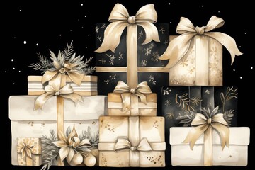  a bunch of wrapped presents sitting on top of each other with bows and snowflakes on the top and bottom of them, all wrapped in gold and white.