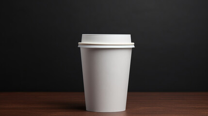 White paper biodegradable disposable cup with lid for hot drinks. Tea or coffee to take away. Copy space mockup for logo design or text. Dark background. Generative AI.