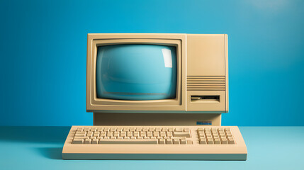 
1980s photo of a retro computer screen on blue background,