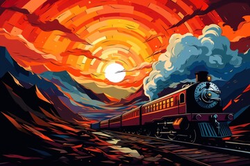  a painting of a train on a train track with the sun in the background and clouds in the middle of the picture, with a red and yellow sun in the middle of the middle of the train.