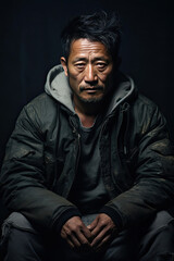 Obraz premium Portrait of a serious Asian middle-aged man in a worn jacket contemplating life which can be used for cultural identity themes or storytelling in media