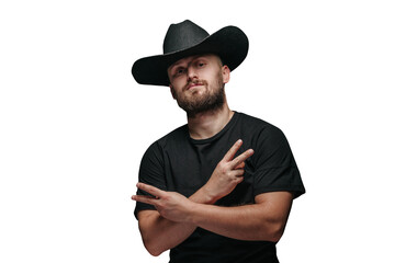 Handsome cowboy wearing black cowboy hat with beard isolated