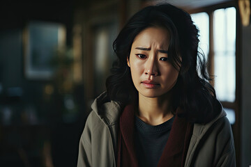 Portrait of an Asian woman in a thoughtful sad moment storytelling for dramatic cinematic productions