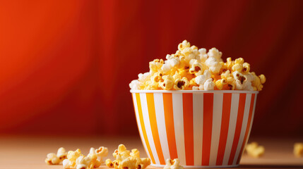 popcorn in a bucket on red background with copy space 