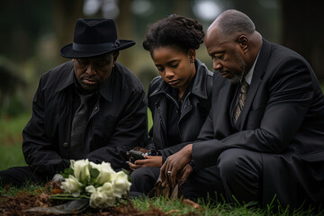 Family in mourning at funeral with sorrow and remembrance African American adults in solemn unity at cemetery reflecting on loss and support in nature - obrazy, fototapety, plakaty